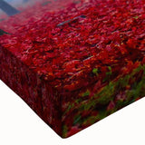 Close-up of a stretched canvas wall art piece depicting a serene landscape shrouded in mist, featuring soft gray and blue hues, perfect for modern home decor.