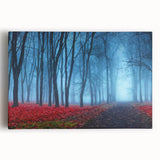 Stretched canvas wall art depicting a serene landscape shrouded in mist, featuring soft blues and greys. Ideal for modern home decor, creating a calming atmosphere.