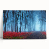 Stretched canvas artwork depicting a serene misty landscape with soft fog, showcasing muted colors of blue and gray, perfect for enhancing modern home decor.