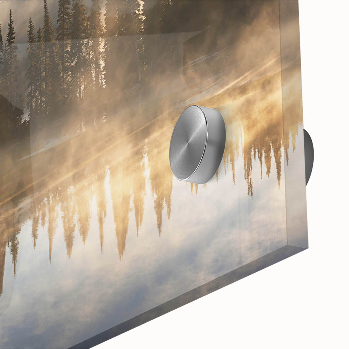 Close-up of a vibrant acrylic glass artwork depicting a misty landscape, showcasing soft hues of blue and gray, ideal for enhancing modern home decor.