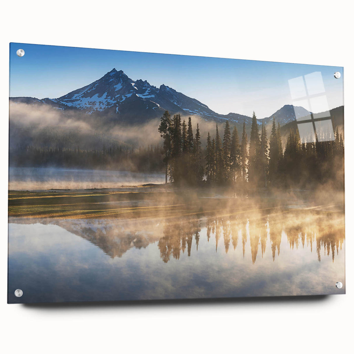 Acrylic wall art collection titled "Landscapes Mist & Fog," showcasing a serene side view with soft pastel colors and pins for easy hanging, perfect for modern decor.