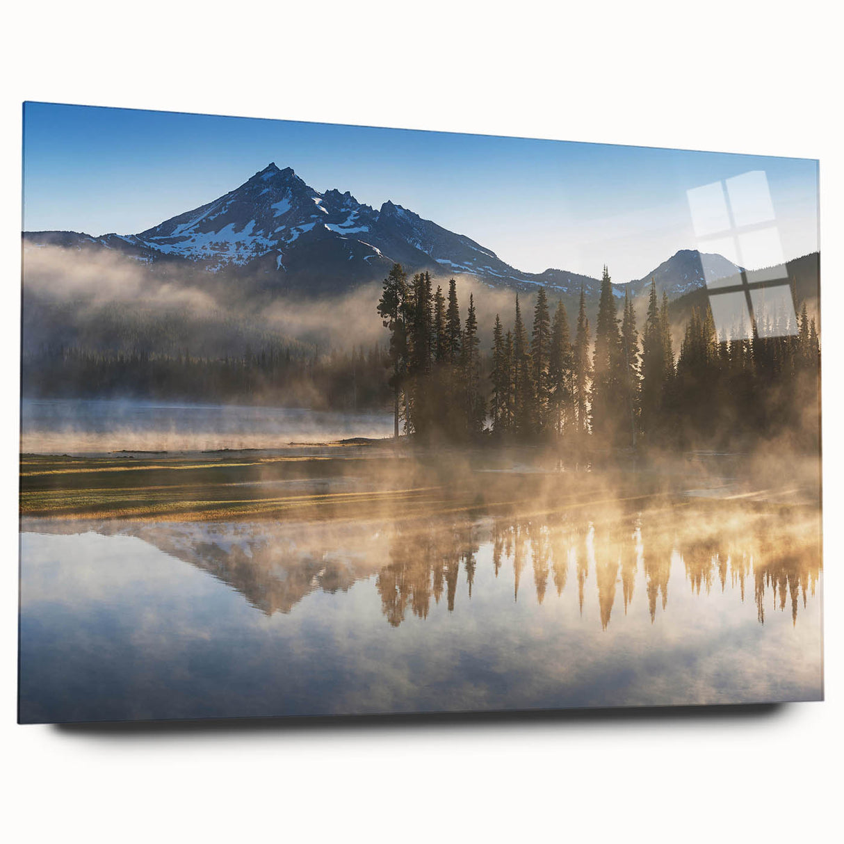 Acrylic glass wall art collection showcasing a misty landscape design with soft fog and muted colors, displayed in a side view without pins, perfect for modern decor.