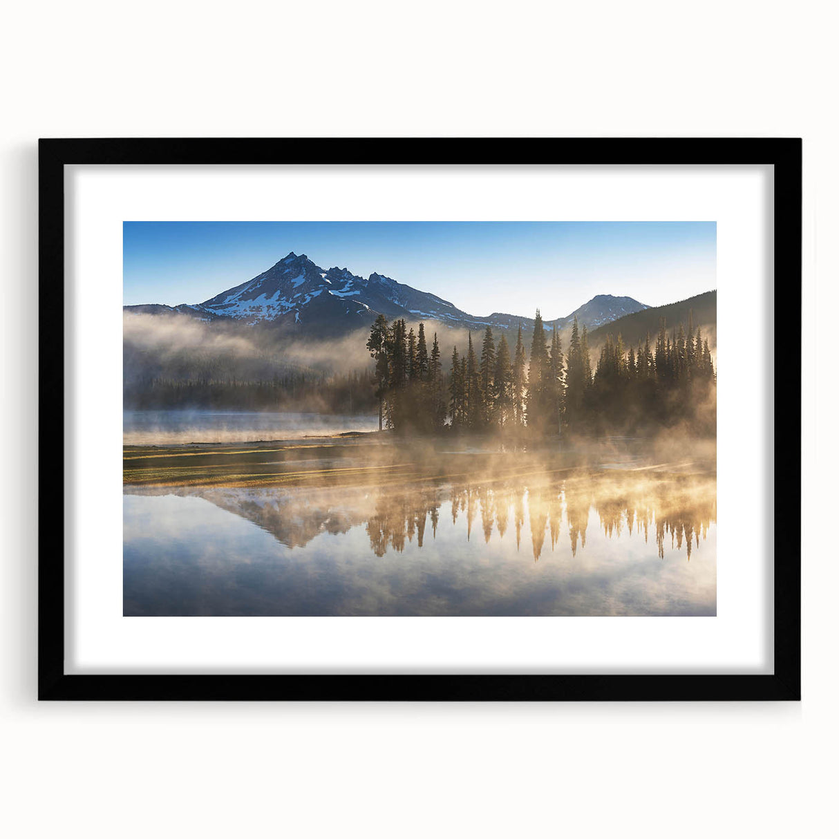 Framed wall art collection featuring a misty landscape design with fog, presented in a sleek black frame and mat, ideal for enhancing home decor.