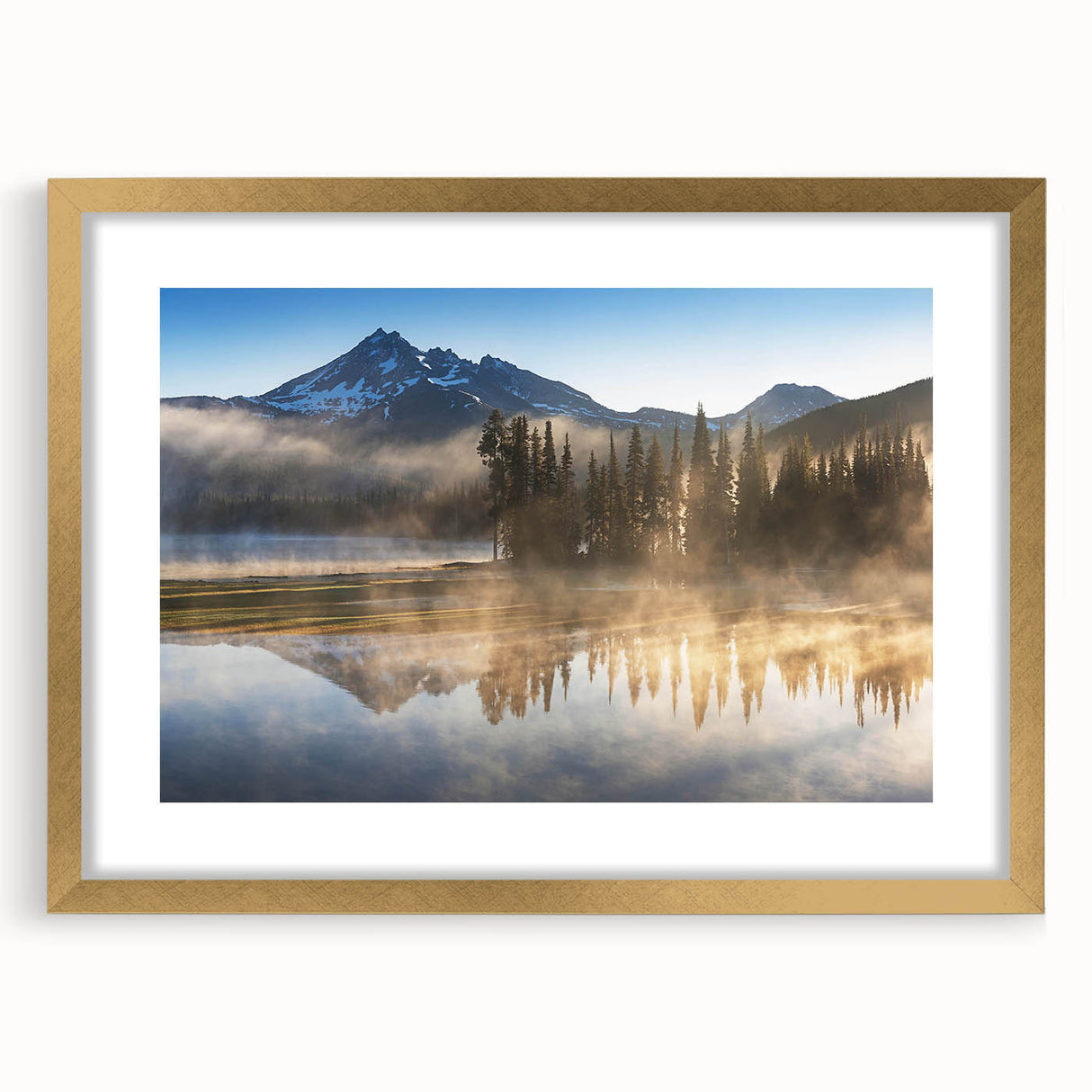 Elegant gold-framed wall art collection showcasing misty landscapes with a soft fog design, perfect for adding a serene ambiance to any room.