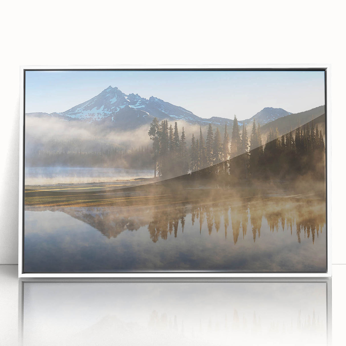 Framed acrylic wall art showcasing a serene landscape design with mist and fog, featuring soft colors and a white frame, perfect for home decor enhancement.