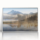 Framed acrylic wall art showcasing a serene landscape design with mist and fog, featuring soft colors and a white frame, perfect for home decor enhancement.