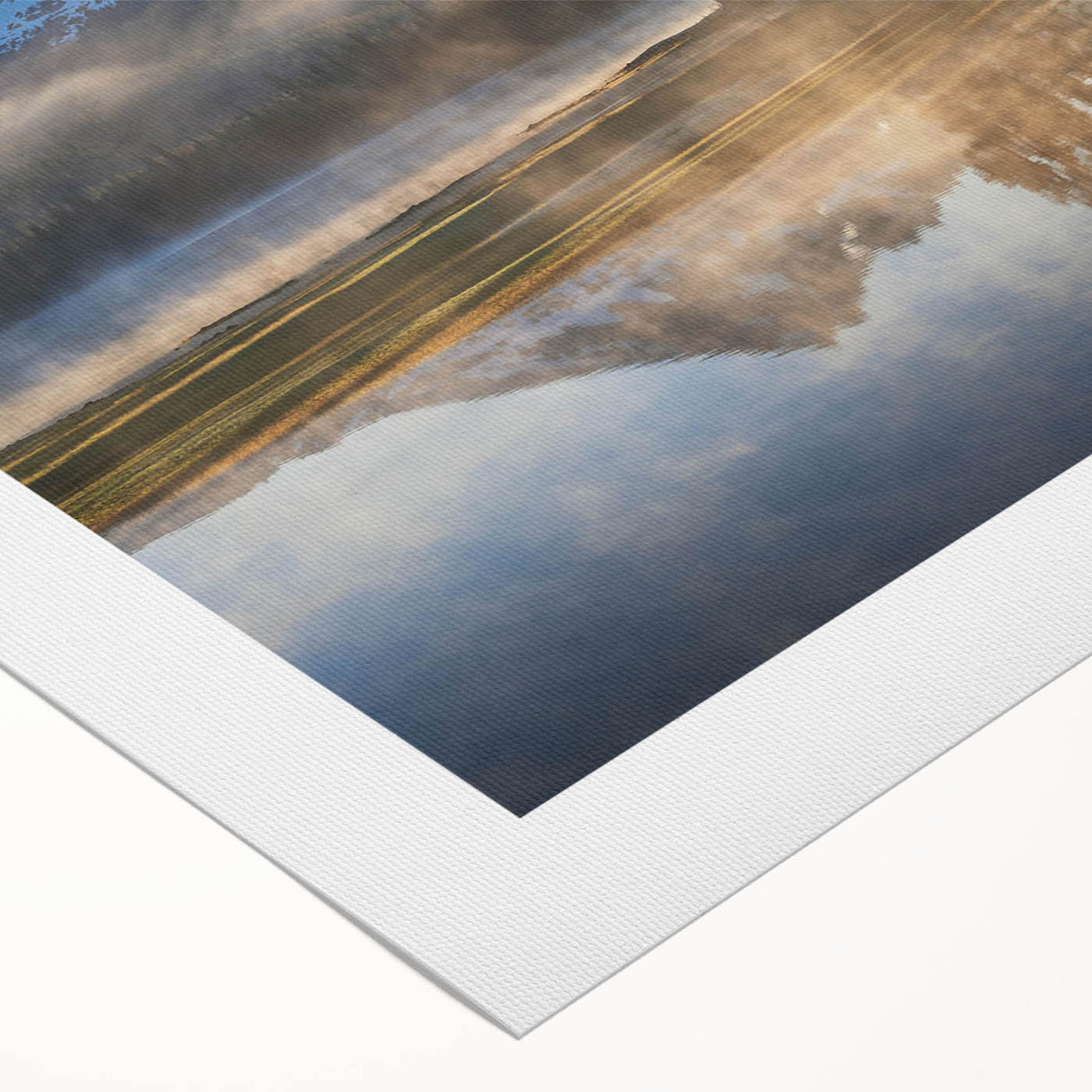 Mist-covered landscape wall art design on rolled canvas, showcasing serene hues of blue and gray, perfect for enhancing home decor with a calming aesthetic.