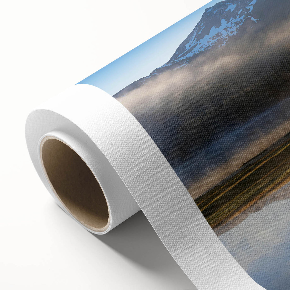 Mist-covered landscape wall art on rolled canvas, showcasing serene foggy scenery in soft blue and gray hues; perfect for tranquil home decor.