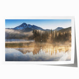 Serene landscape wall art design showcasing misty fog enveloping distant mountains, perfect for creating a calming atmosphere in any space.