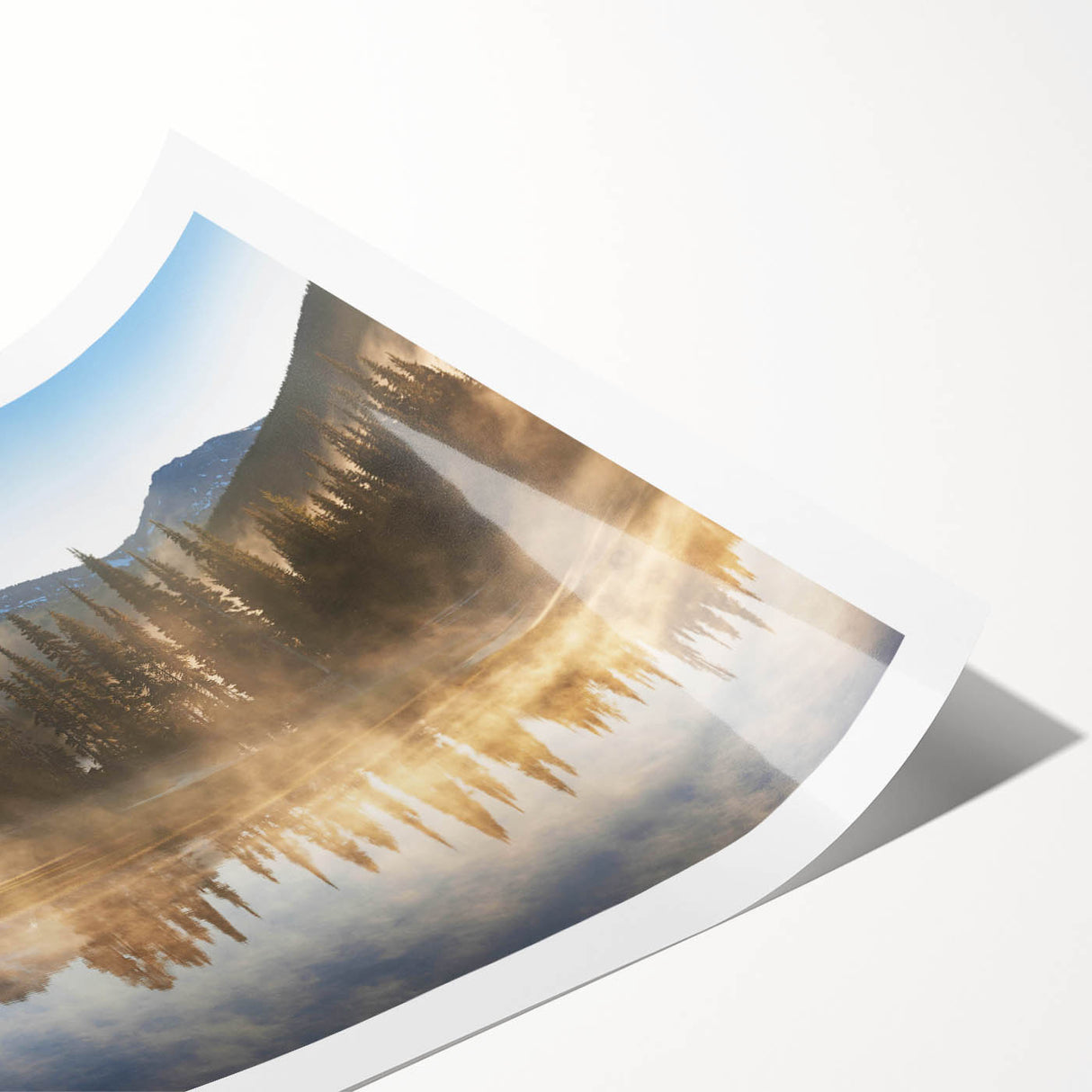Serene landscape wall art print showcasing misty mountains and fog, ideal for home decor, rolled and ready for framing. Perfect for nature lovers.
