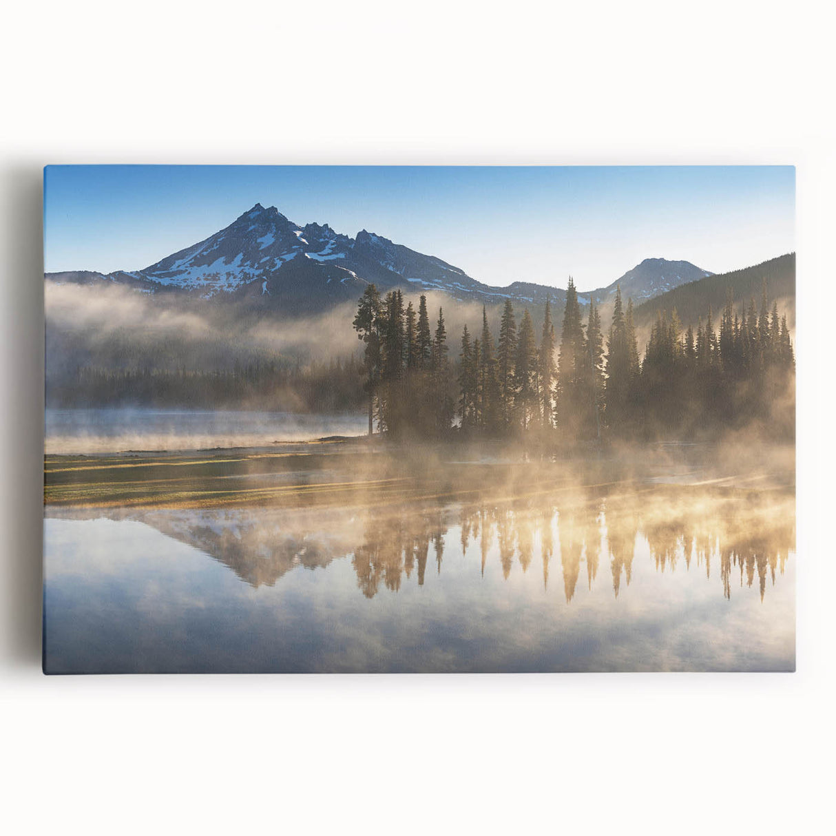 Stretched canvas wall art design showcasing a serene landscape shrouded in mist and fog, perfect for enhancing home decor with a tranquil ambiance.
