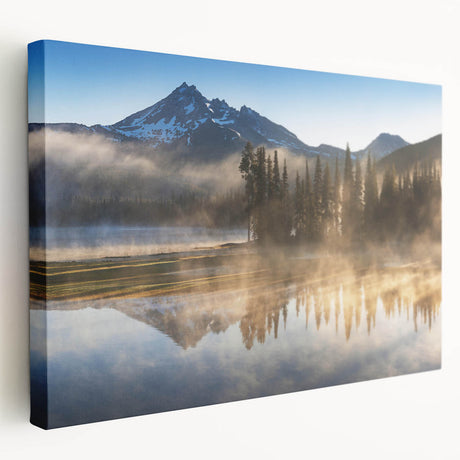 Stretched canvas wall art featuring a misty landscape design with soft fog, showcasing serene colors and calming aesthetics, perfect for home decor.