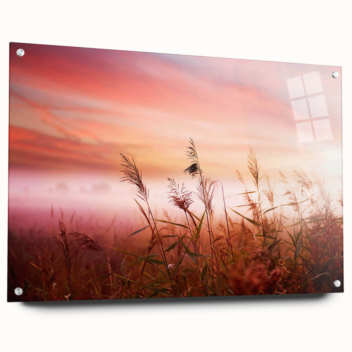 Acrylic glass wall art design featuring a misty landscape with fog. Side view showcases the sleek finish and mounting pins, ideal for modern décor.