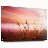 Acrylic glass wall art design featuring a misty landscape with fog. Side view showcases the sleek finish and mounting pins, ideal for modern décor.