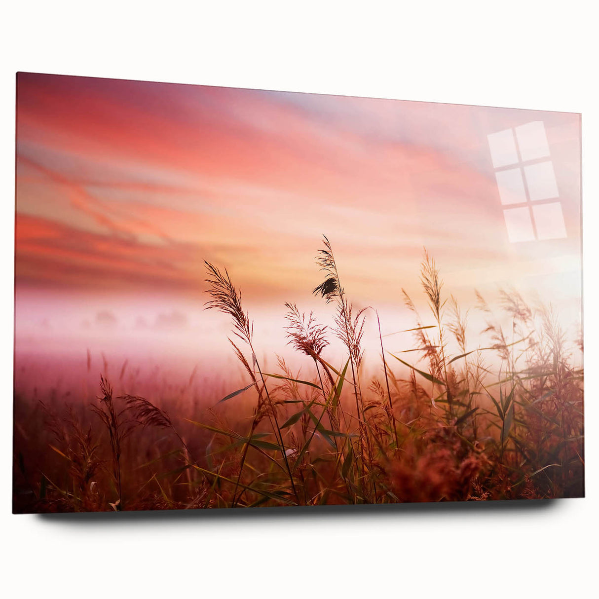 Elegant acrylic wall art featuring a misty landscape design, showcasing soft fog and vibrant colors, perfect for modern home decor. Ideal for enhancing interior spaces.