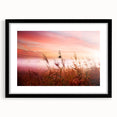 Framed wall art featuring a misty landscape design in muted tones, showcasing a serene foggy scene, presented in a sleek black frame with a mat, perfect for home décor.