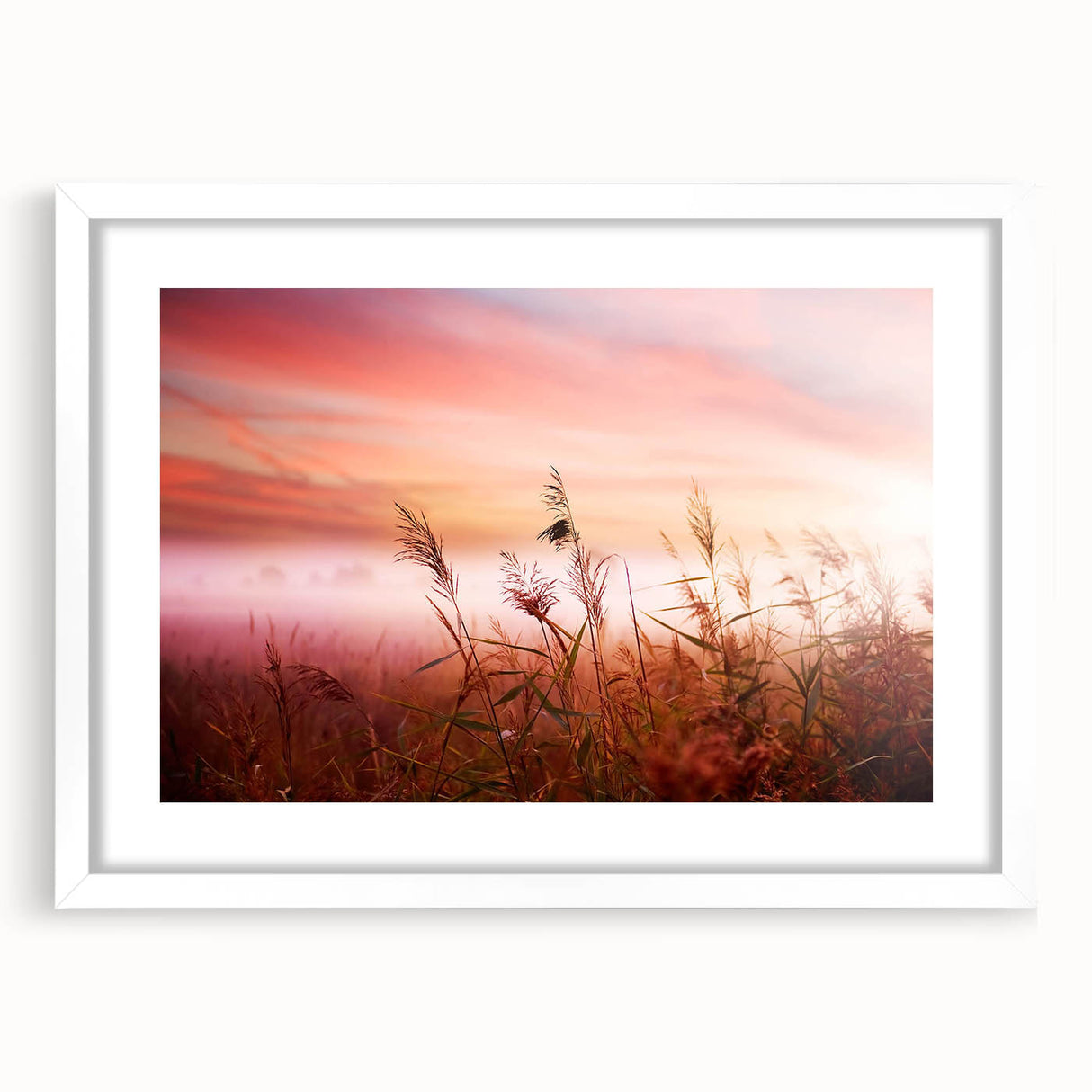 Framed wall art featuring a misty landscape design, showcasing soft gray and white tones with a modern aesthetic. The artwork is presented with a white mat, enhancing its elegance and suitability for contemporary home decor.