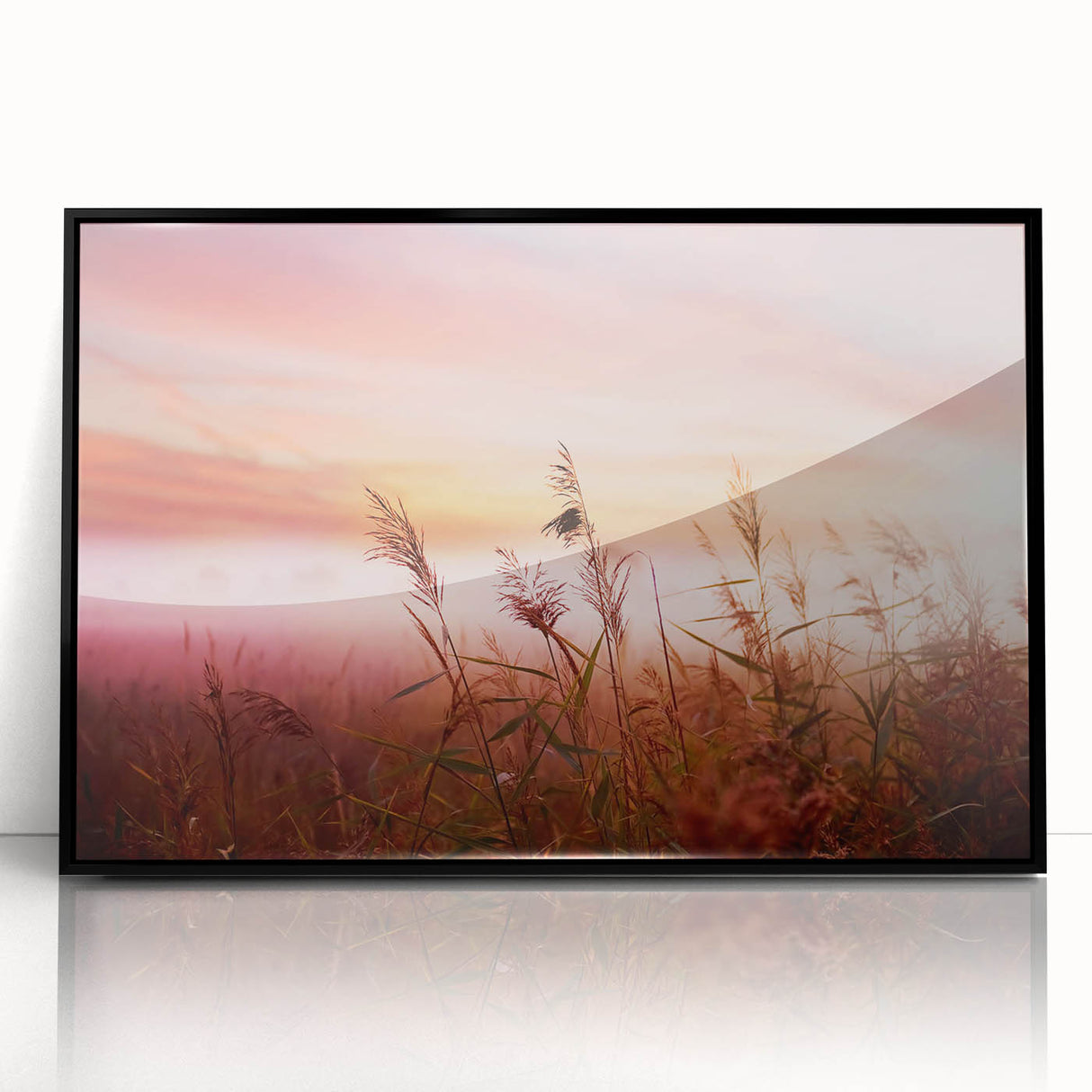 Framed acrylic wall art showcasing a misty landscape design with soft fog and muted colors, presented in a sleek black frame, ideal for modern decor.