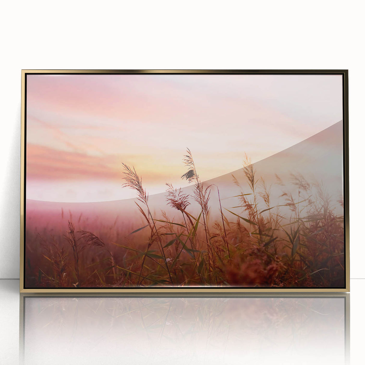Framed acrylic wall art showcasing a serene landscape design with mist and fog, featuring a gold frame, perfect for enhancing modern home decor.