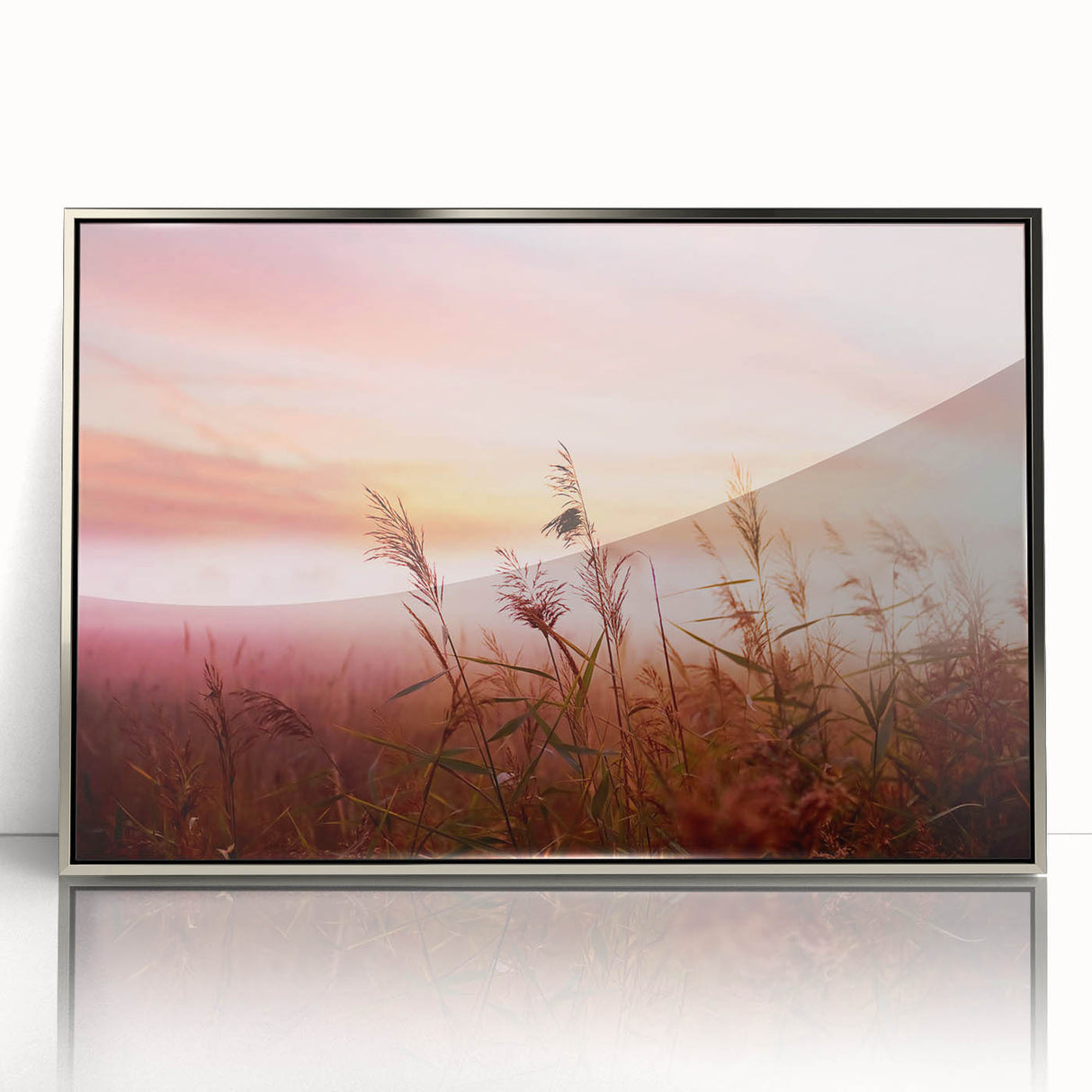 Framed acrylic wall art showcasing a serene landscape design featuring misty fog, highlighted by silver accents, perfect for modern home decor.