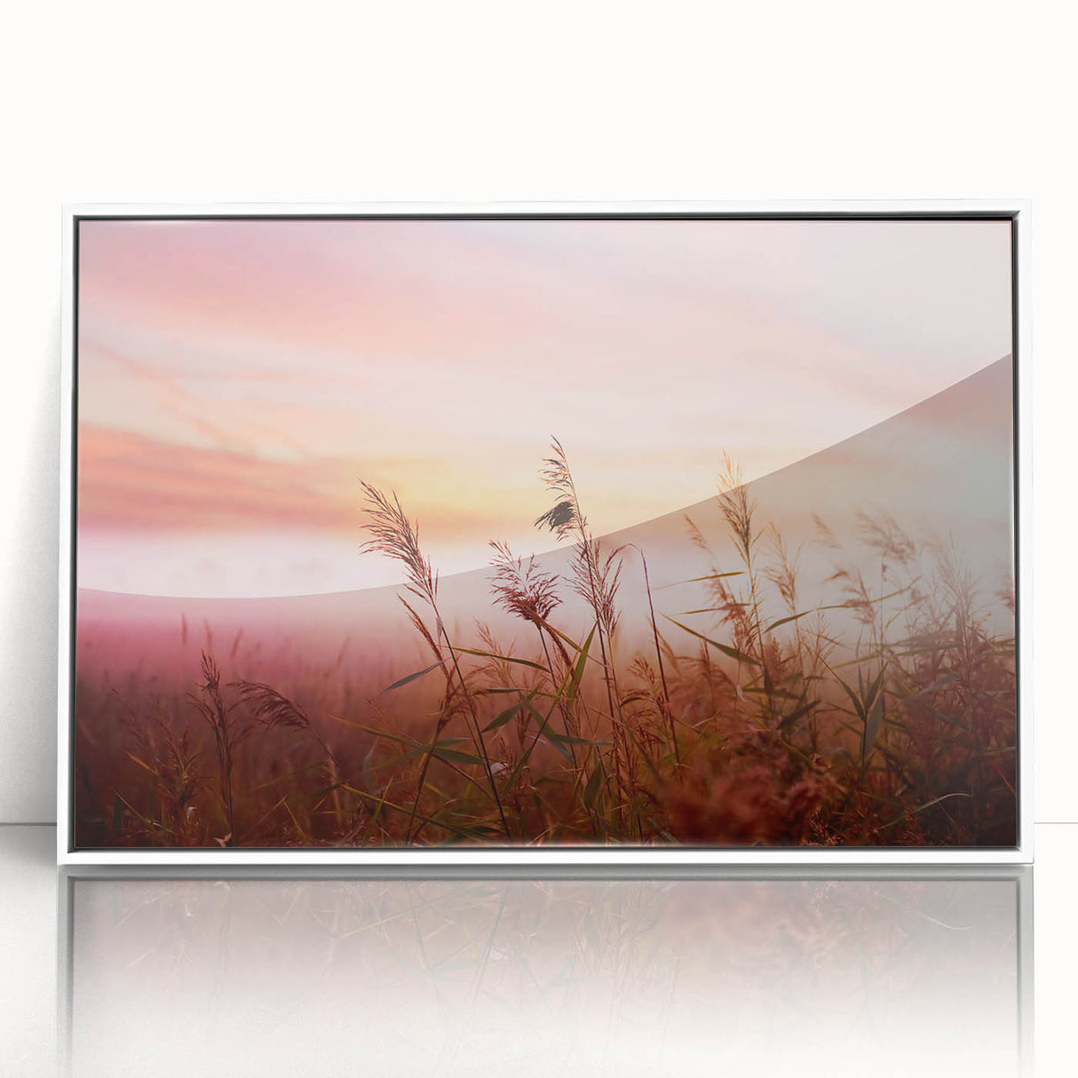 Framed acrylic wall art showcasing a serene landscape design with mist and fog, presented in a white frame, ideal for enhancing modern home decor.
