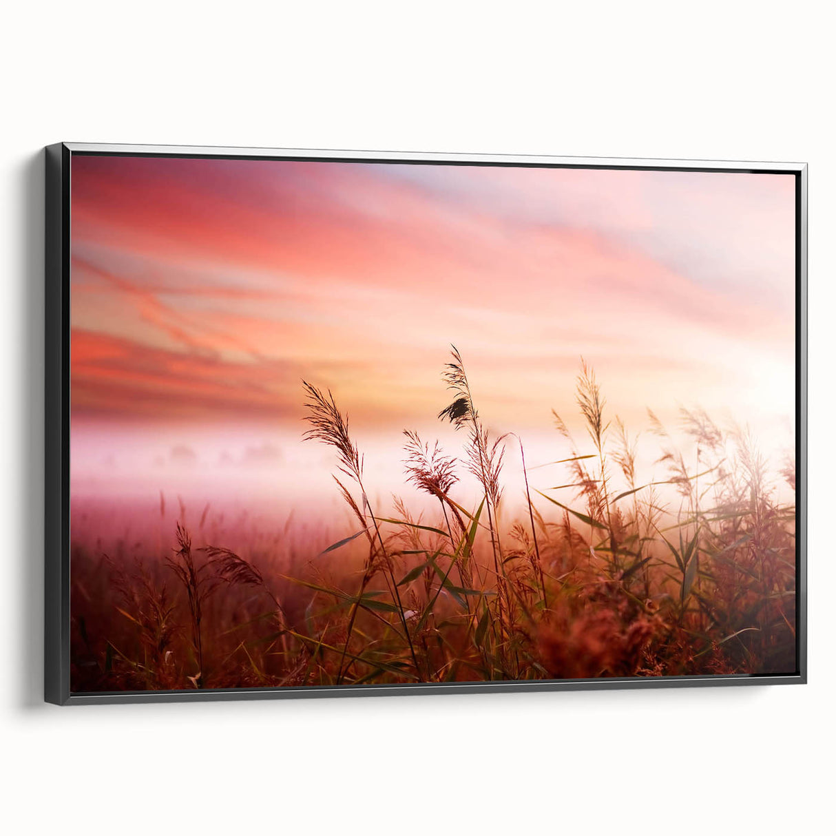 Framed canvas wall art featuring a serene landscape design with mist and fog, showcased in a sleek black frame, ideal for enhancing modern home decor aesthetics.