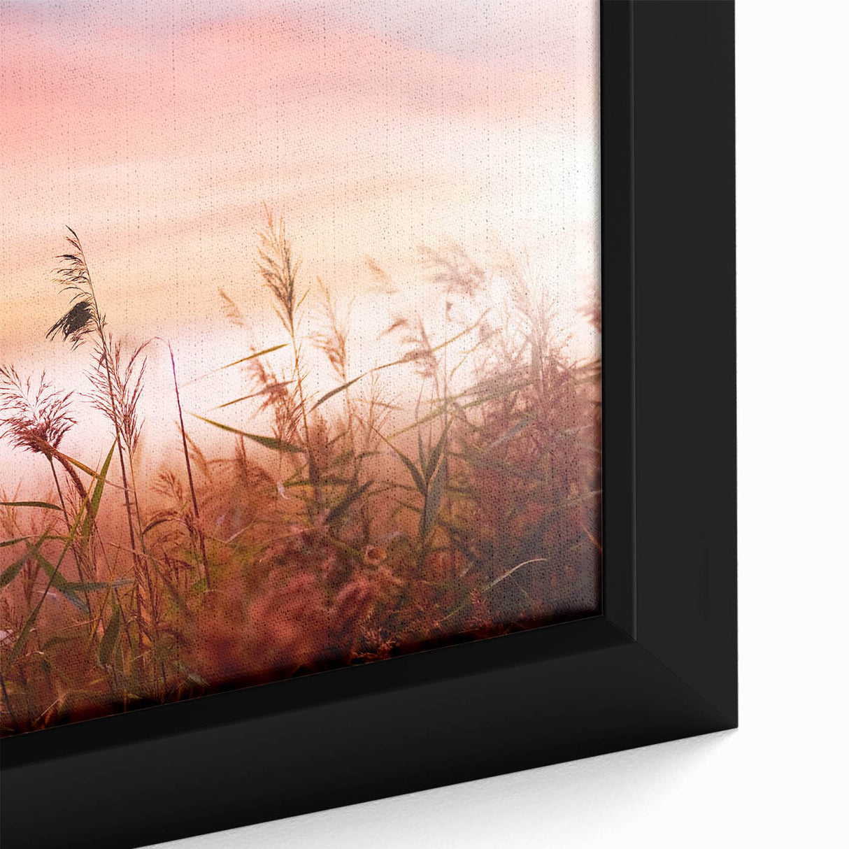 Close-up of a framed canvas wall art piece depicting serene misty landscapes, showcasing soft hues of gray and blue, perfect for enhancing tranquil home decor.