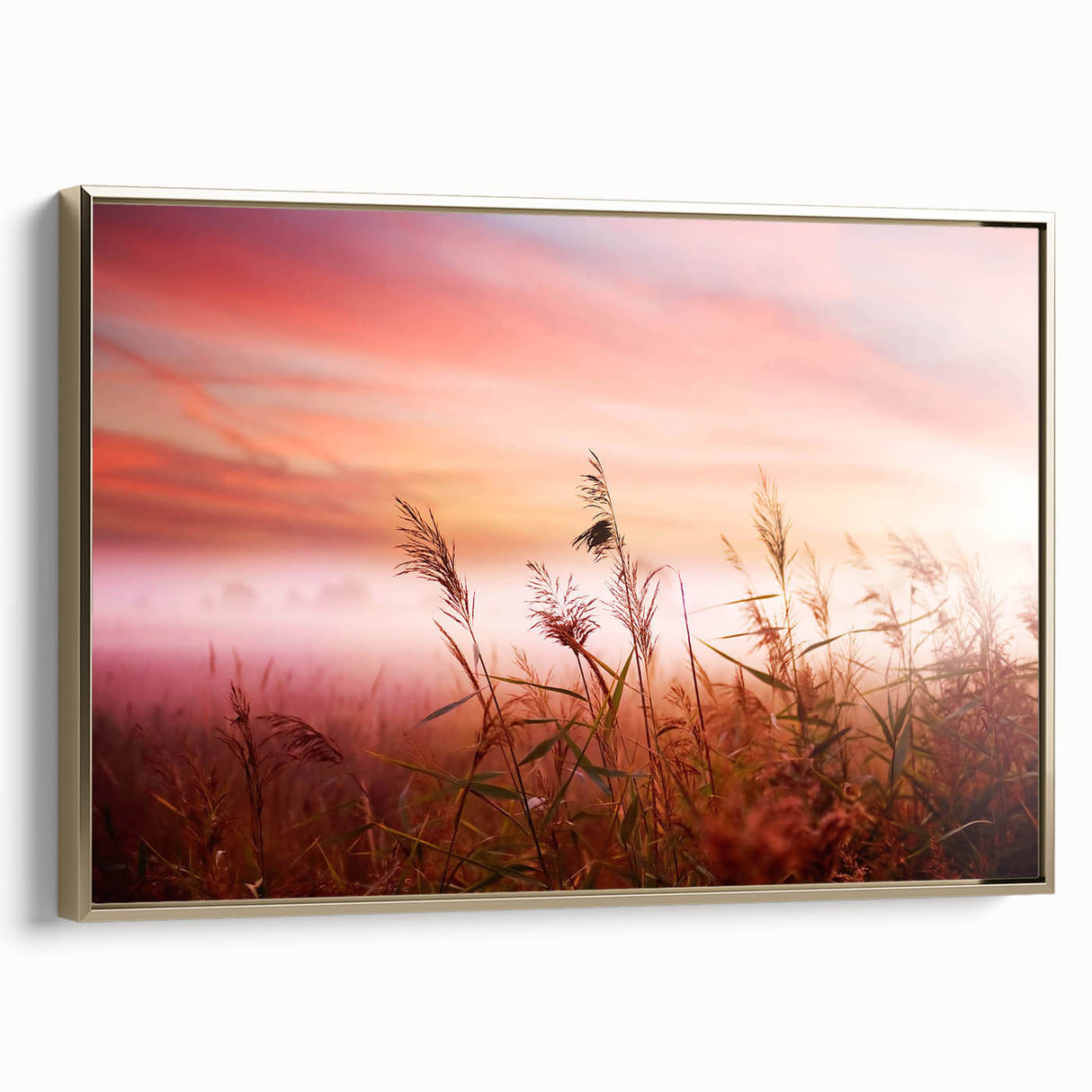 Framed canvas wall art showcasing a serene landscape with mist and fog, featuring a gold frame that enhances the tranquil scene, perfect for home decor.