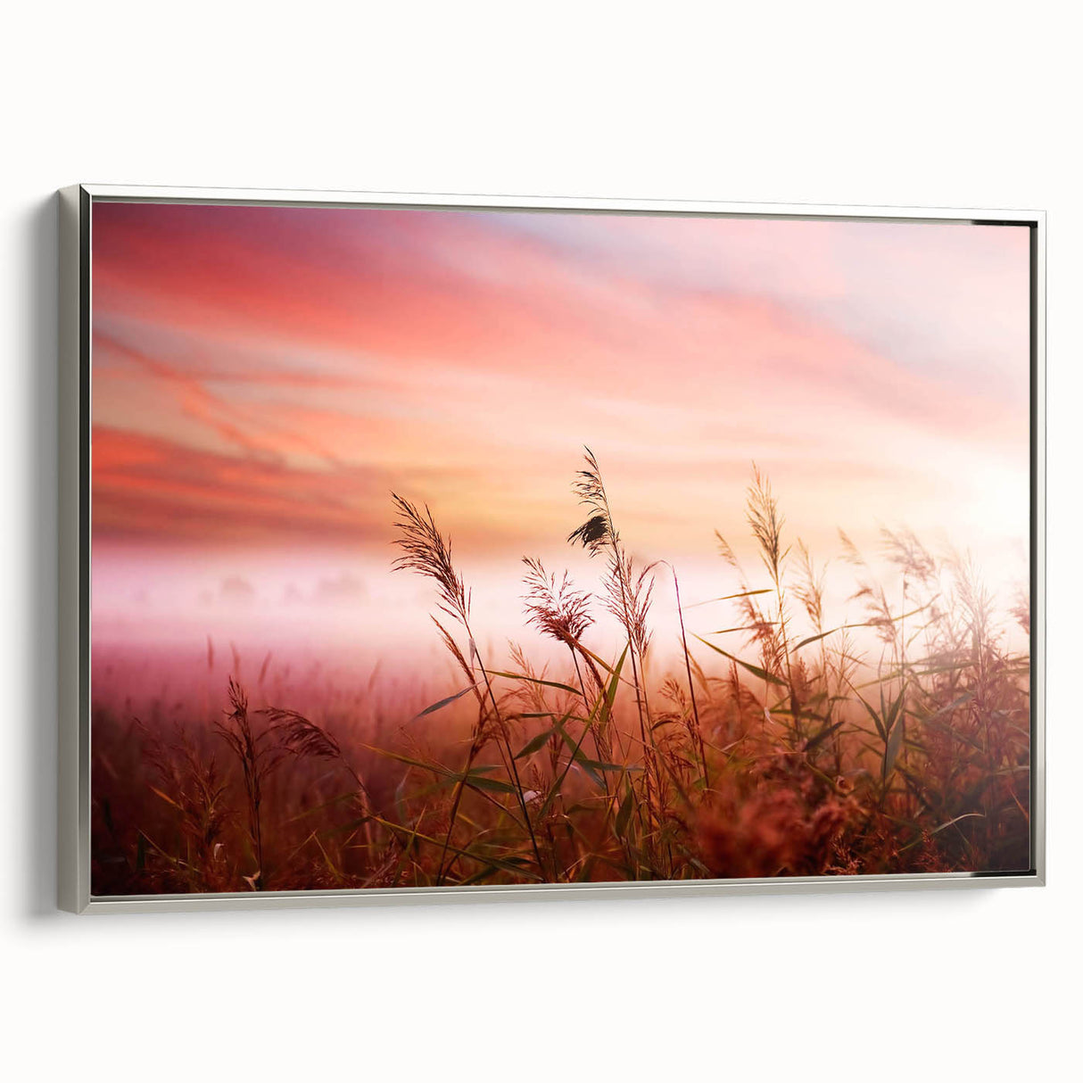 Framed canvas wall art showcasing a serene landscape with mist and fog, featuring silver edges that enhance its elegance, perfect for contemporary home decor.