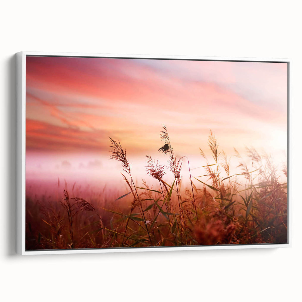 Framed wall art featuring a serene landscape design with mist and fog, showcasing soft pastel colors. The canvas is elegantly displayed with a white frame, perfect for modern home decor.