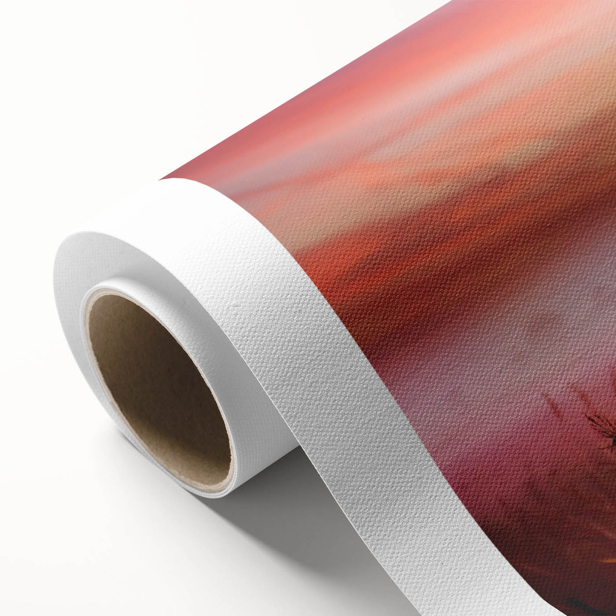 Rolled canvas artwork showcasing a serene misty landscape with soft fog enveloping trees and hills, perfect for enhancing home decor with a tranquil atmosphere.