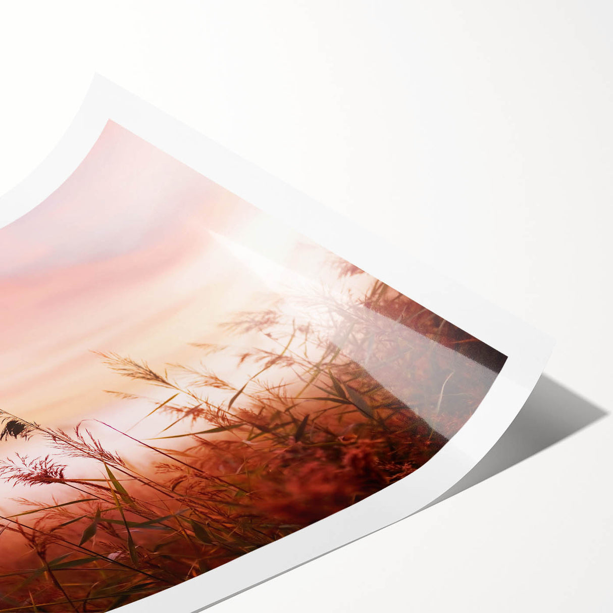 Mist-covered mountain landscape wall art print showcasing soft pastel colors and ethereal fog, ideal for creating a serene atmosphere in home decor.