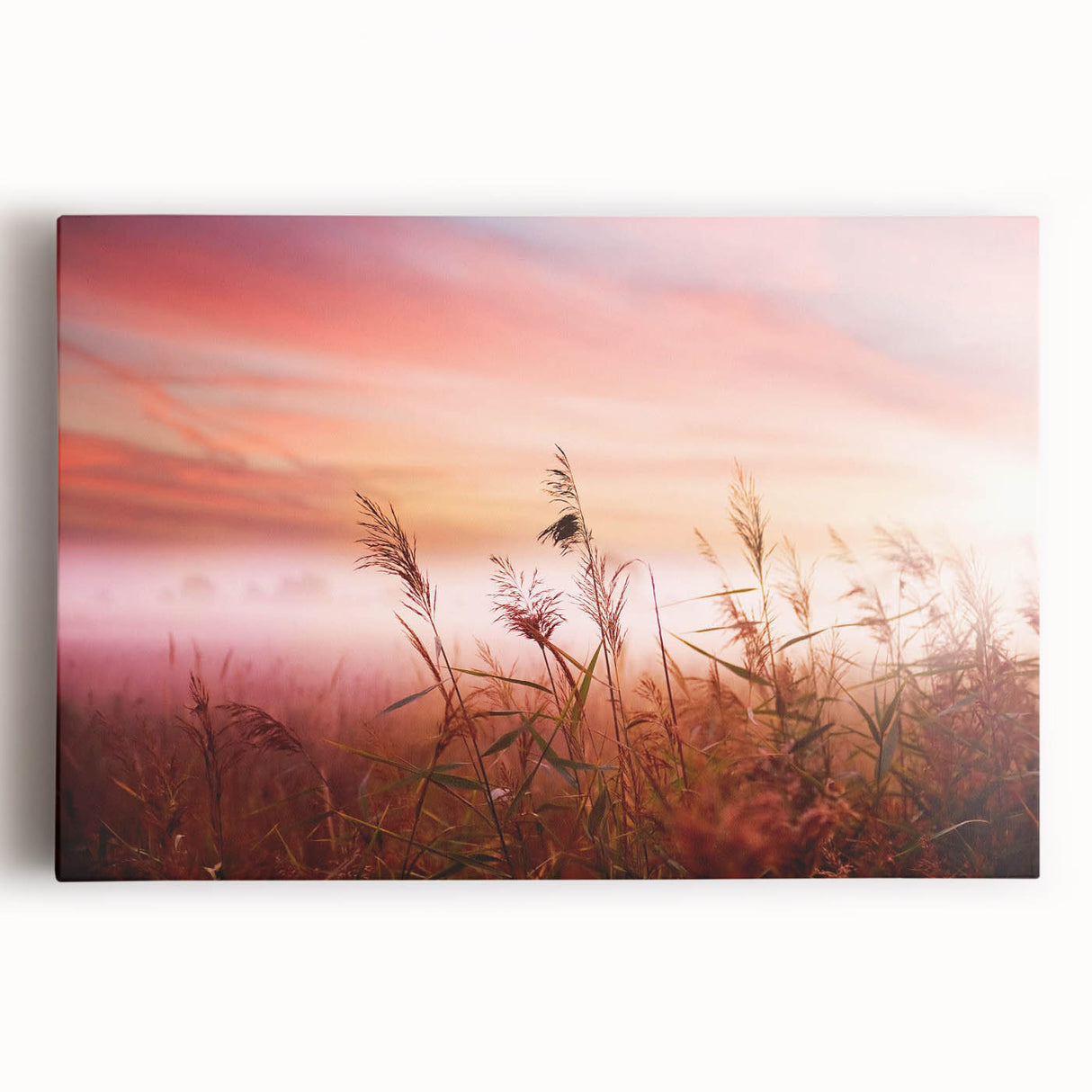 Beautiful misty landscape wall art collection featuring serene fog-covered mountains and trees, printed on stretched canvas for elegant home decor.