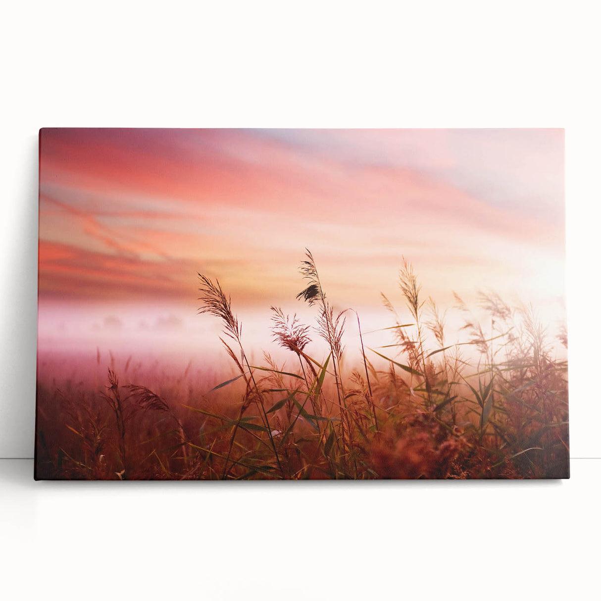 Stretched canvas wall art showcasing a misty landscape design with soft fog and muted colors, perfect for adding serene ambiance to living spaces.