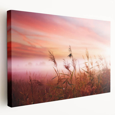 Stretched canvas wall art showcasing a misty landscape design, featuring soft gray and blue hues, ideal for enhancing living spaces with a serene atmosphere.