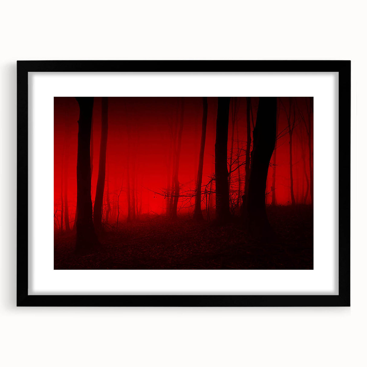 Framed wall art featuring a serene landscape design with misty fog, set in a sleek black frame, perfect for enhancing modern home decor. Ideal for adding tranquility to living spaces.