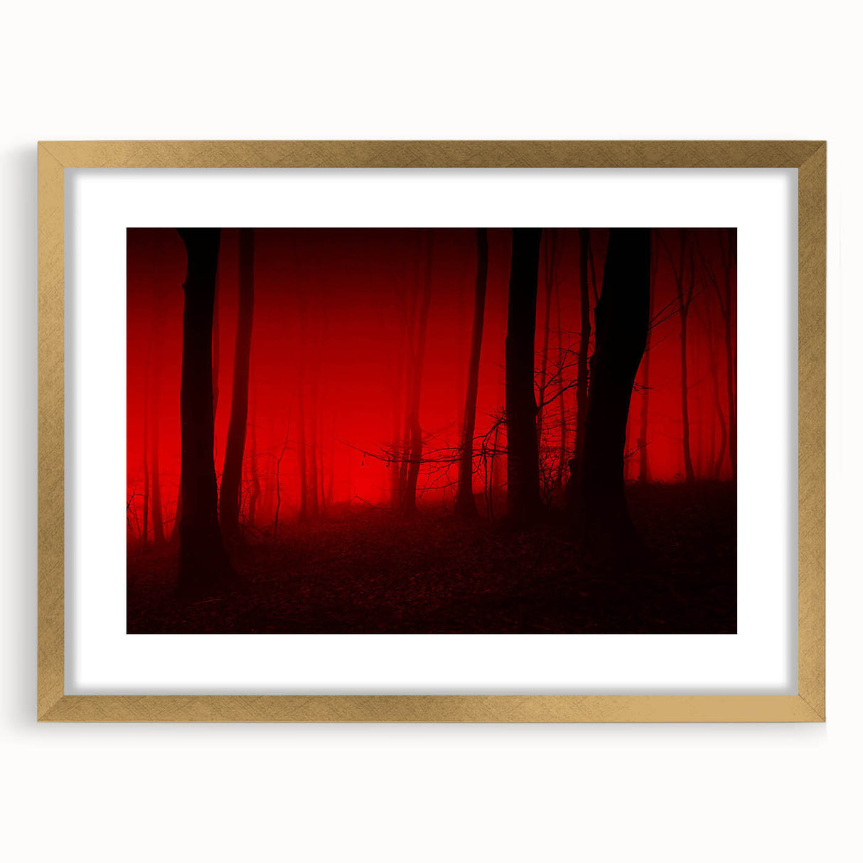 Elegant framed wall art featuring a misty landscape design with soft fog, complemented by a gold frame and mat, ideal for enhancing home decor aesthetics.