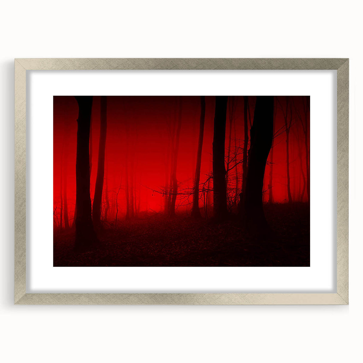 Framed wall art collection featuring a serene landscape design with mist and fog, highlighted by a sleek silver frame and matting, perfect for home decor.