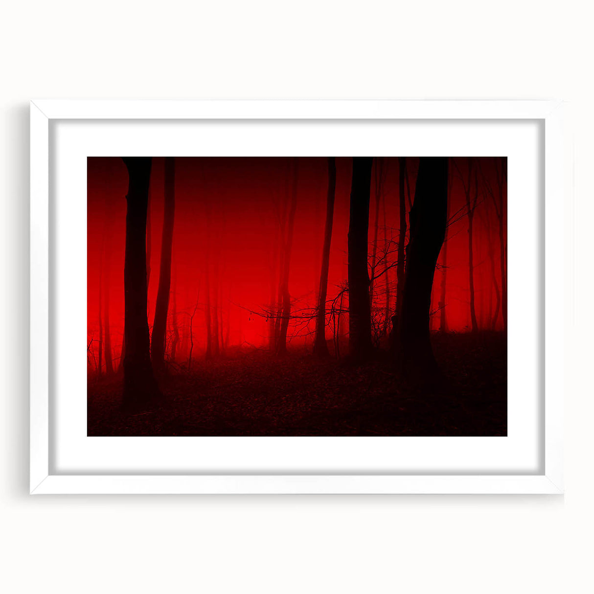 Framed wall art collection showcasing a serene landscape with mist and fog, featuring a modern white mat and frame, ideal for home decor enhancement.