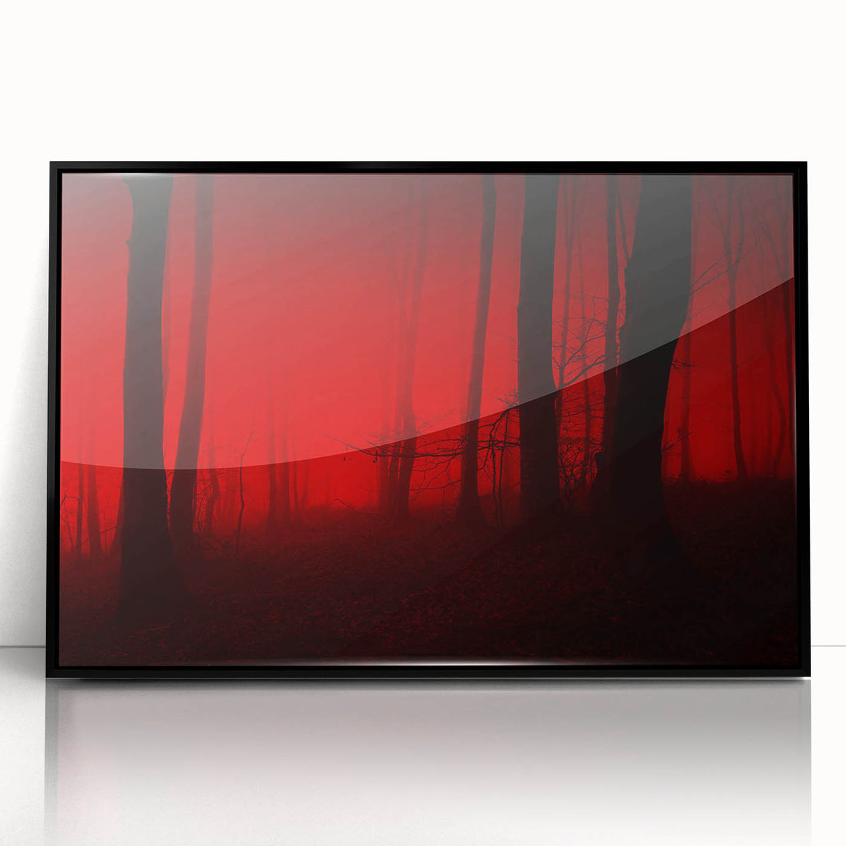 Framed wall art featuring a misty landscape design in soft gray and blue tones, showcasing serene fog-covered hills and trees, perfect for home decor.