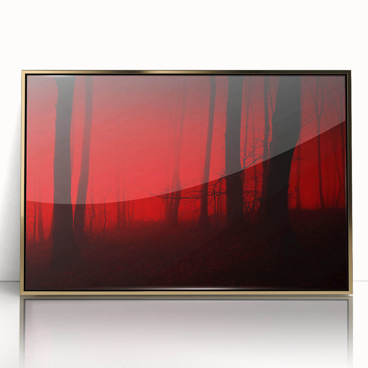 Framed wall art of a misty landscape featuring soft fog and muted colors, elegantly designed with a gold frame, perfect for modern home decor.