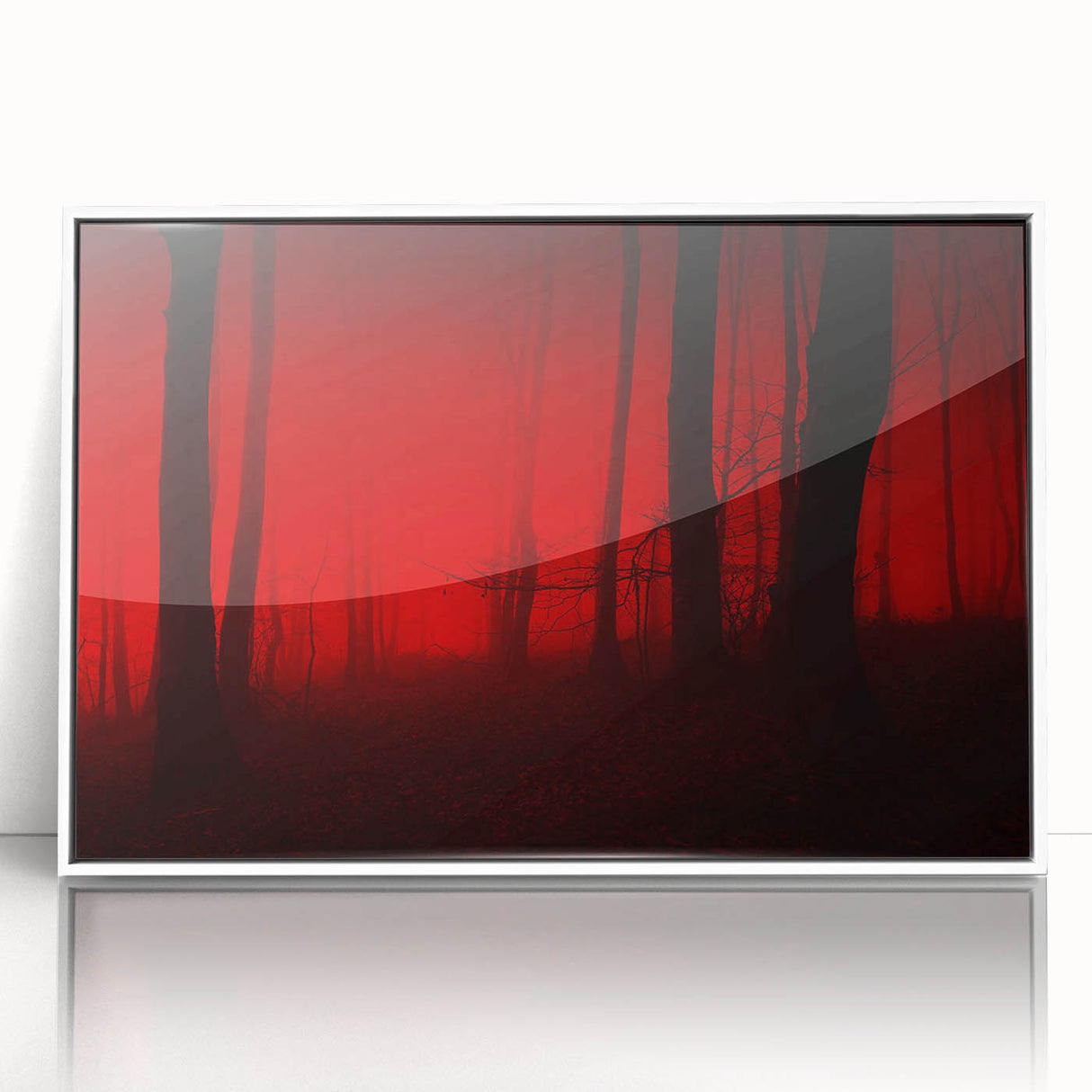 Framed acrylic wall art showcasing a serene misty landscape in soft gray and white tones, ideal for enhancing modern home decor with a calming ambiance.