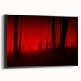 Framed canvas wall art showcasing a serene landscape design with mist and fog, featuring a sleek black frame and a side view perspective, ideal for modern decor.