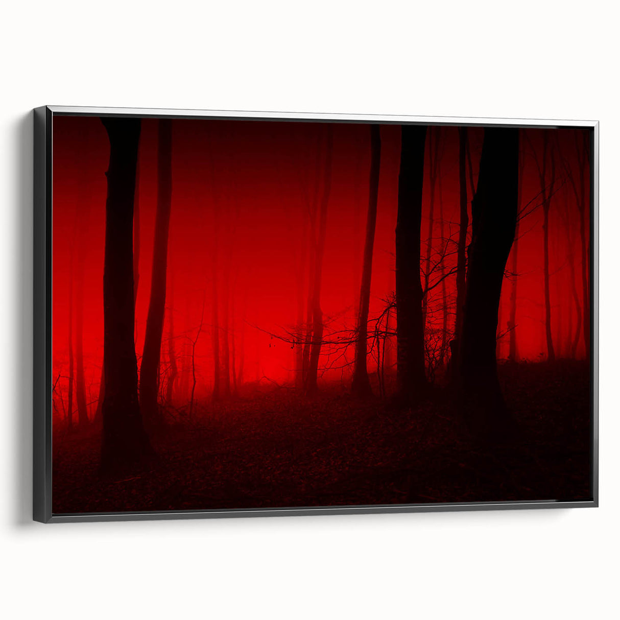 Framed canvas wall art showcasing a serene landscape design with mist and fog, featuring a sleek black frame and a side view perspective, ideal for modern decor.