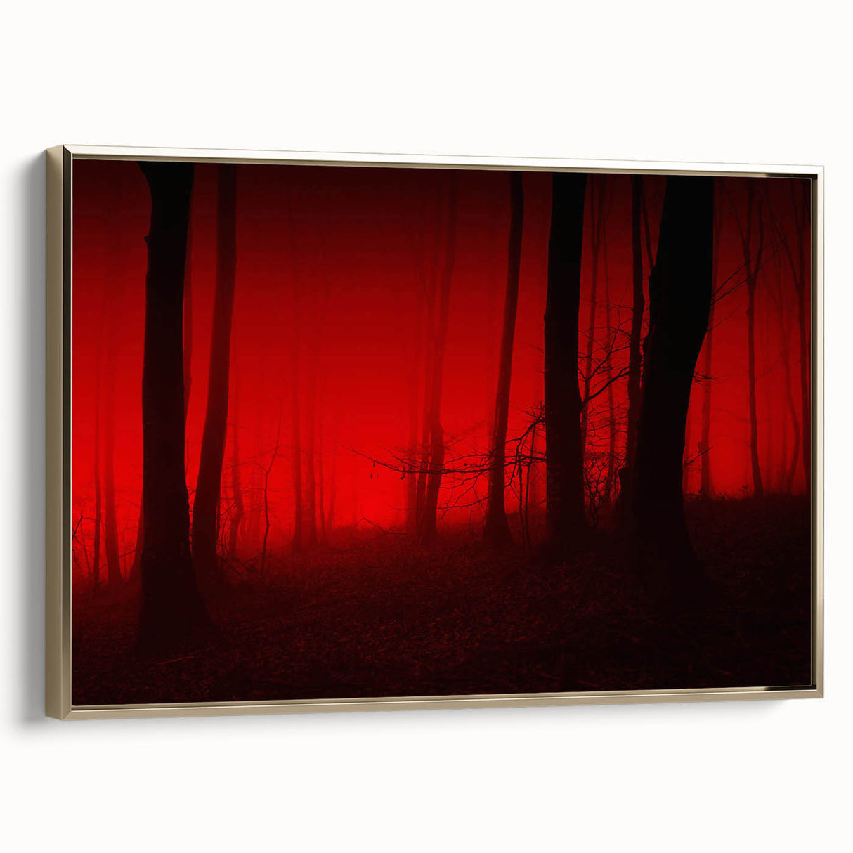 Framed canvas wall art featuring a misty landscape design with soft fog and gold accents, elegantly displayed from a side view, perfect for home decor.