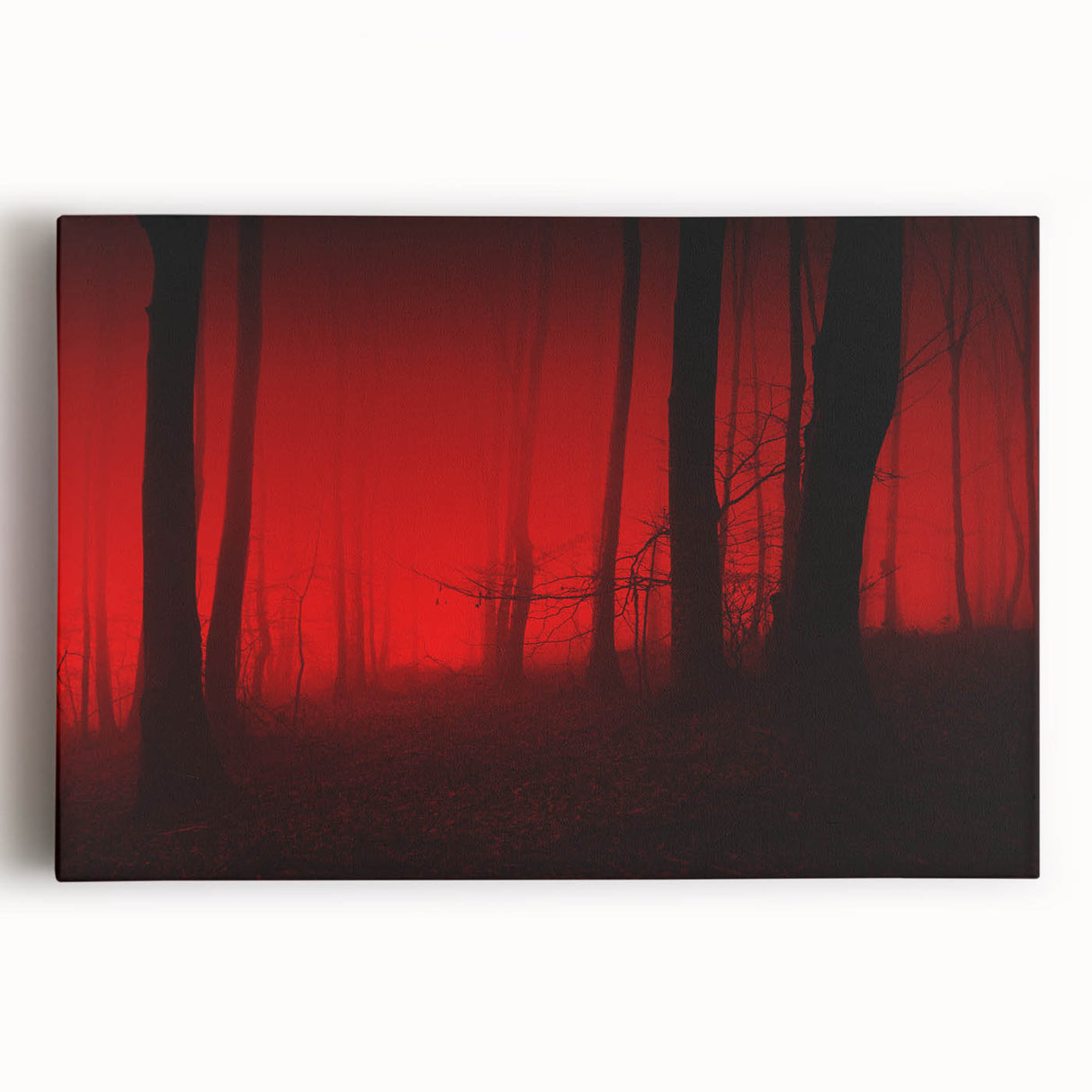 Stretched canvas wall art depicting a serene landscape shrouded in mist, featuring soft gray and green hues, ideal for adding a tranquil ambiance to any room decor.