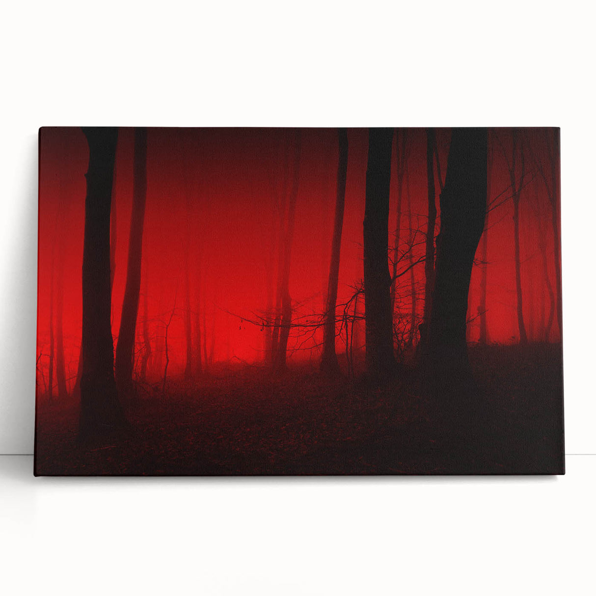 Stretched canvas wall art depicting a serene landscape shrouded in mist, featuring soft colors of gray and blue, ideal for home decor and creating a calming atmosphere.