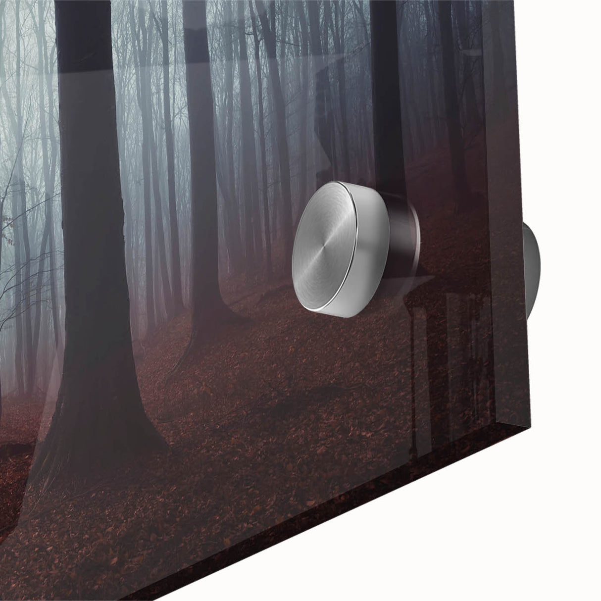 Close-up of a stunning acrylic wall art piece featuring a misty landscape design, showcasing soft hues of blue and gray, ideal for modern home decor.