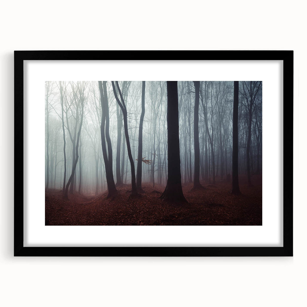 Framed wall art of misty landscapes featuring soft gray and green hues, designed with a modern black frame and mat, perfect for home decor and ambiance enhancement.