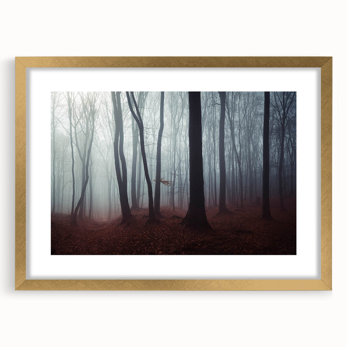 Framed wall art featuring a serene landscape design with mist and fog, showcasing soft colors and elegant gold accents, perfect for home decor.